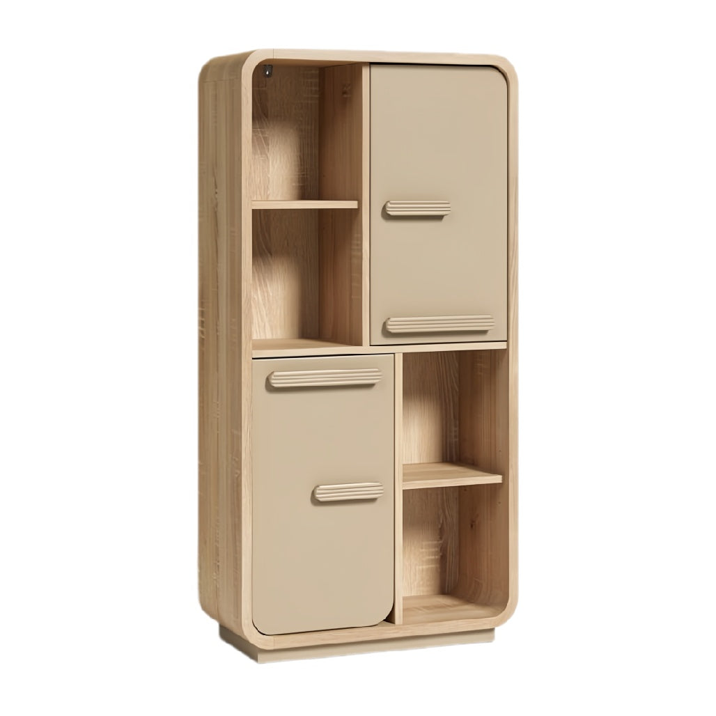 **Titel: Modernes houten opbergmeubel met beige deuren**